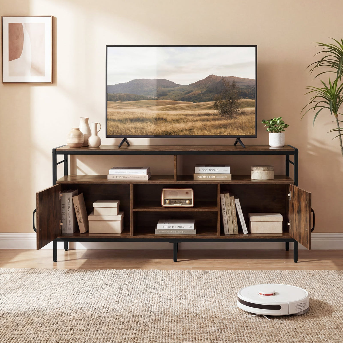 TV Stand for TVs up to 147 cm with 2 Storage Cabinets and 4 Open Shelves-Rustic Brown