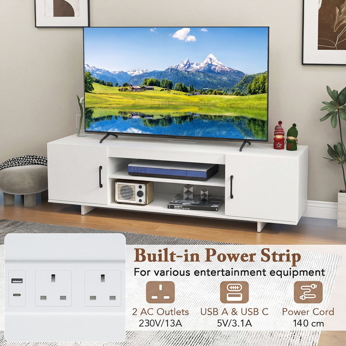TV Stand for TVs up to 70 Inches with Power Outlet and 2 Cable Holes-White