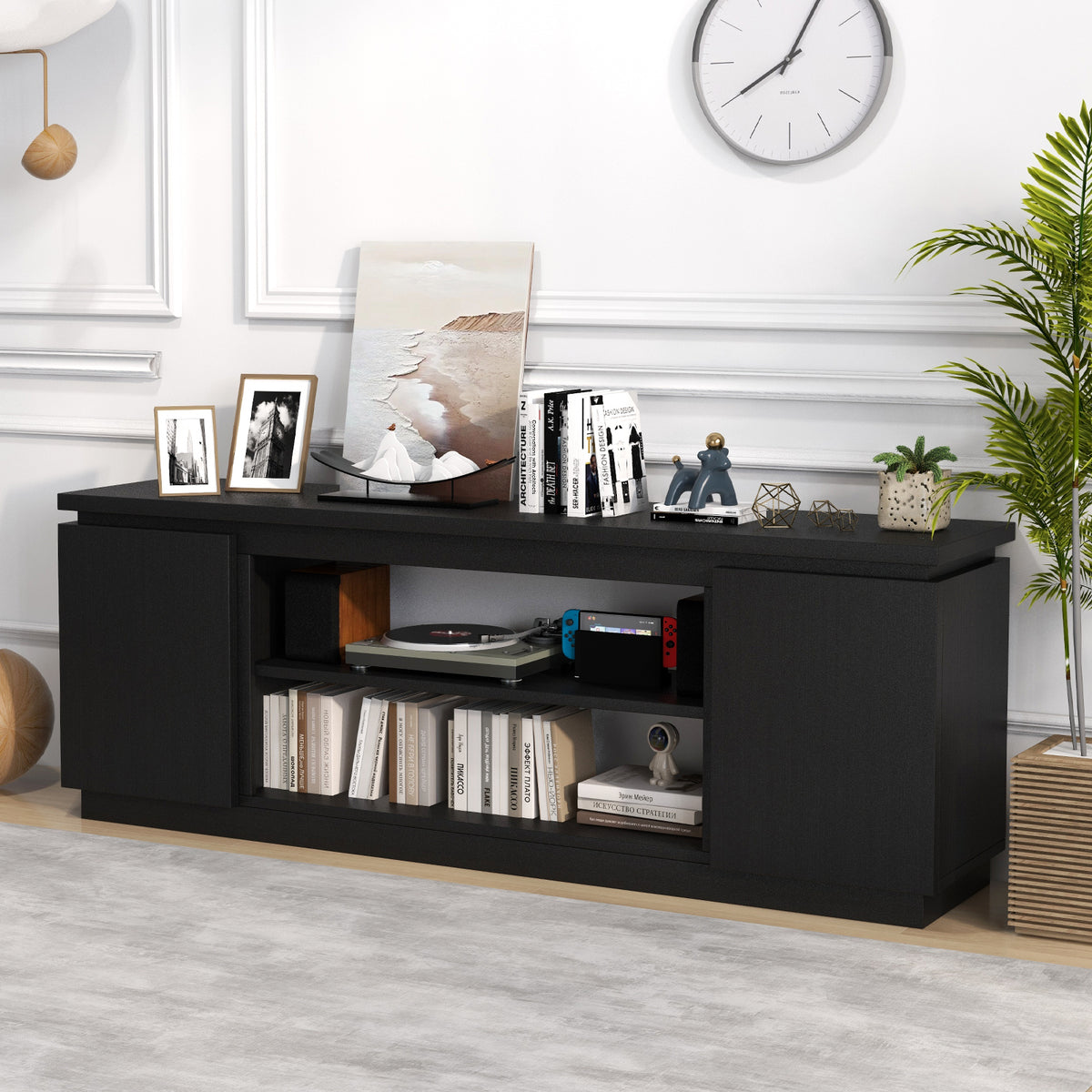 TV Cabinet for TVs up to 80 Inch Media Console Table with 3 Adjustable Shelves-Black