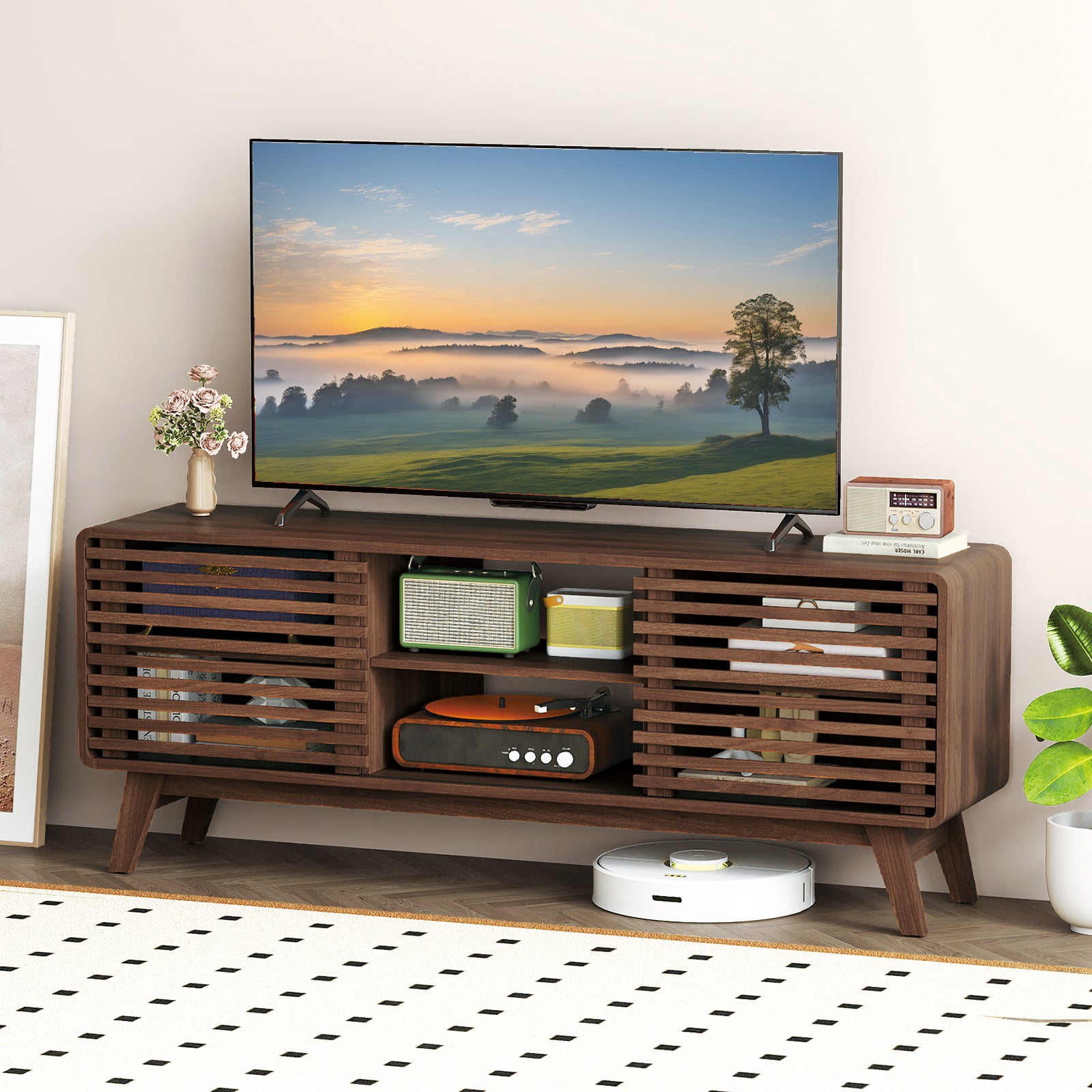 TV Stand for TVs up to 65 Inches Entertainment Center with Sliding Doors-Walnut