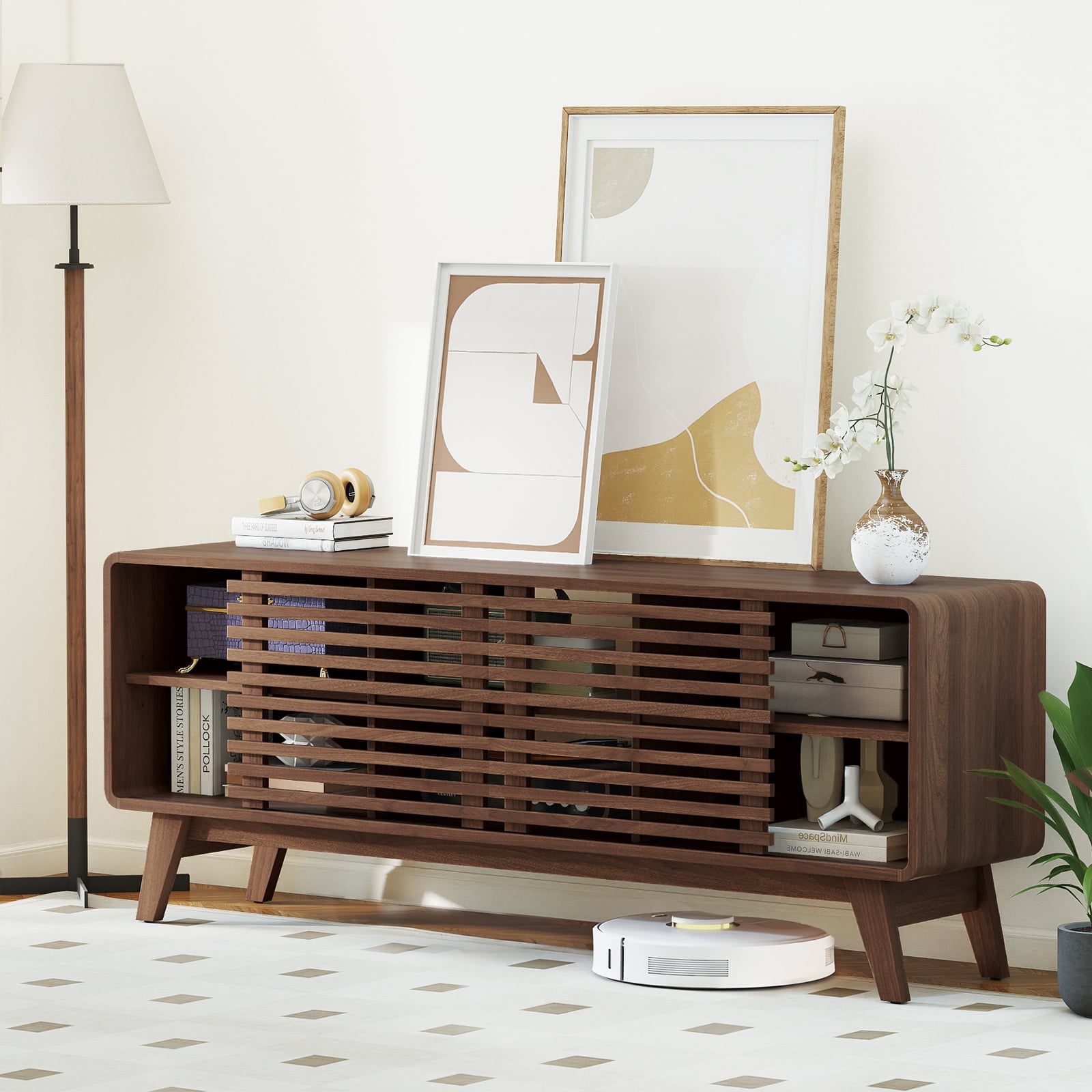 TV Stand for TVs up to 65 Inches Entertainment Center with Sliding Doors-Walnut