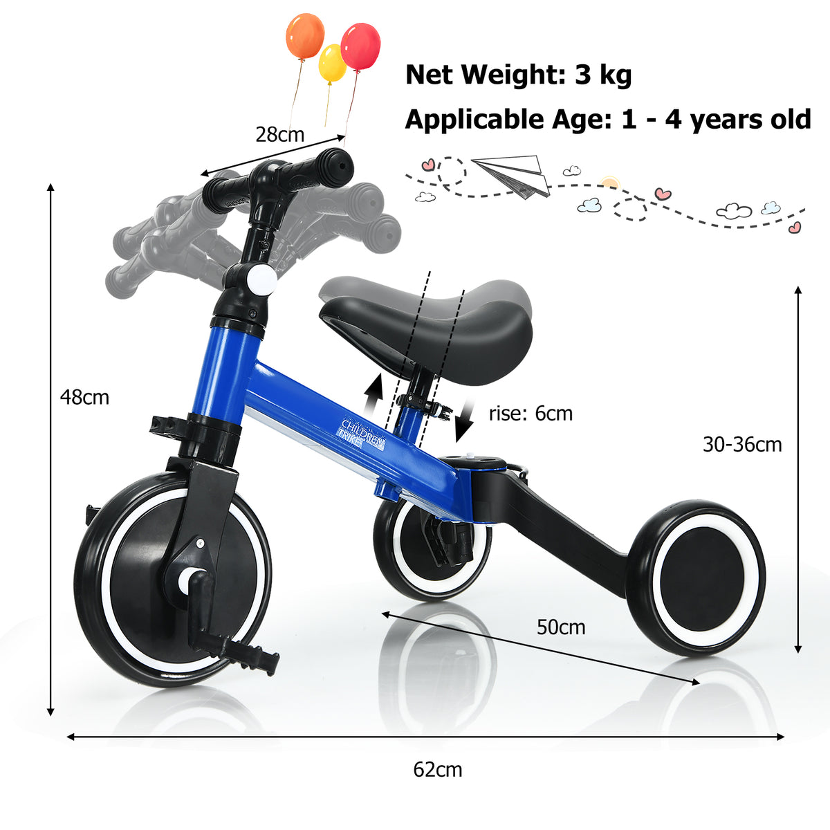 The blue kids trike with dimensions labelled for height and length