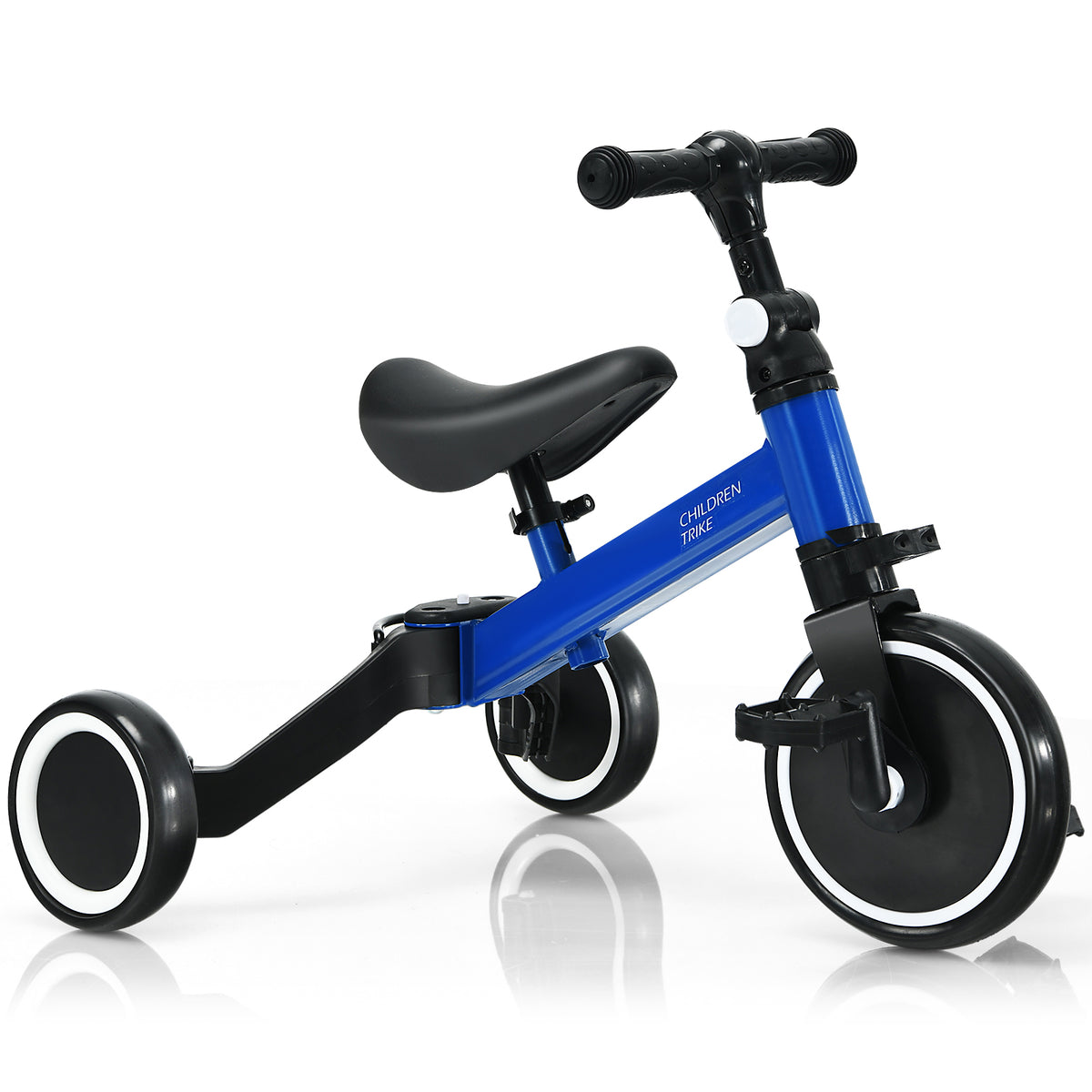 The blue kids trike from the side with pedals attached