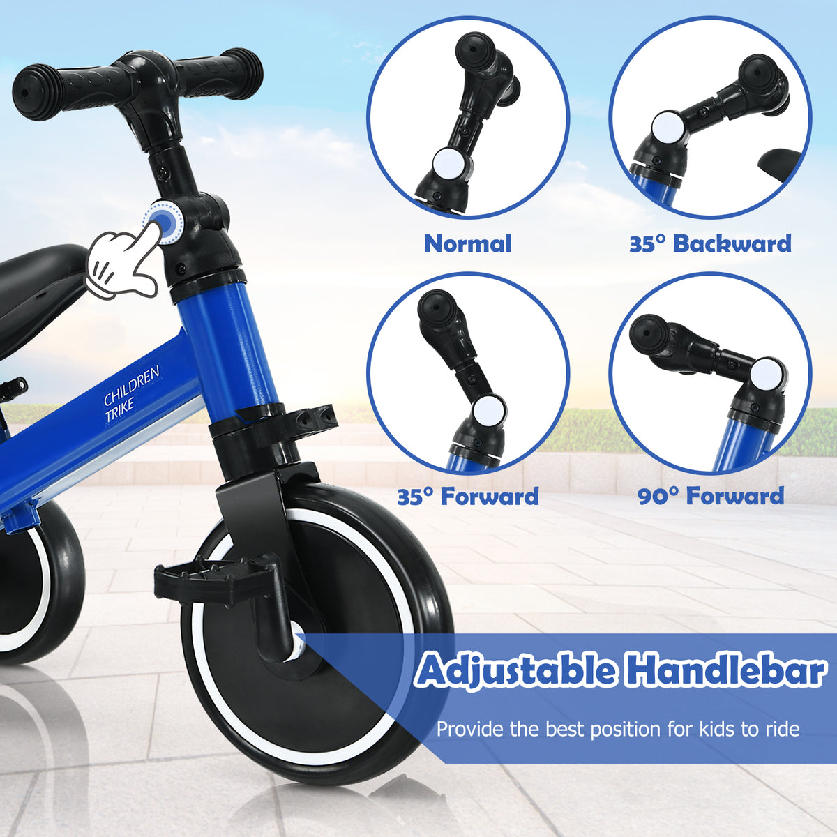 The blue balance bike handlebar showing different angle adjustments