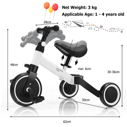 Dimensions of the white convertible balance bike, with measurements for height and length