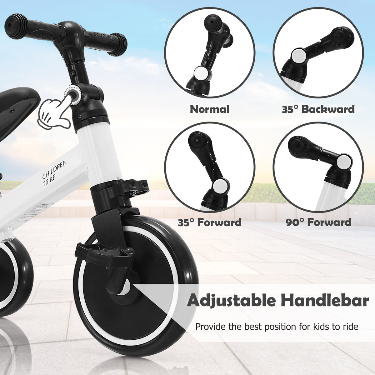 Adjustable handlebar on the kids trike, showing different angle options for steering