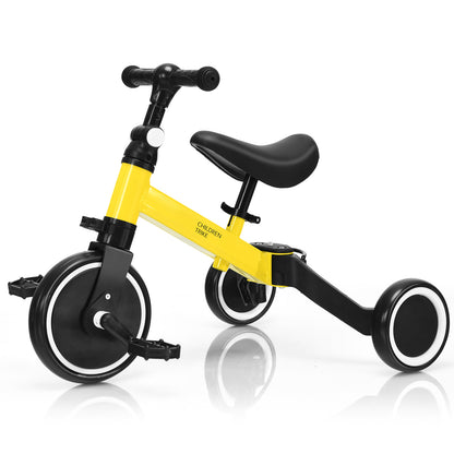 Convertible Balance Bike Kids Trike in yellow with black accents, shown from the front