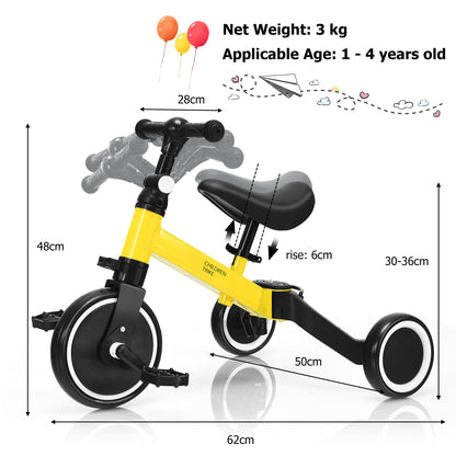 Yellow convertible balance bike with dimensions shown for height, length and width