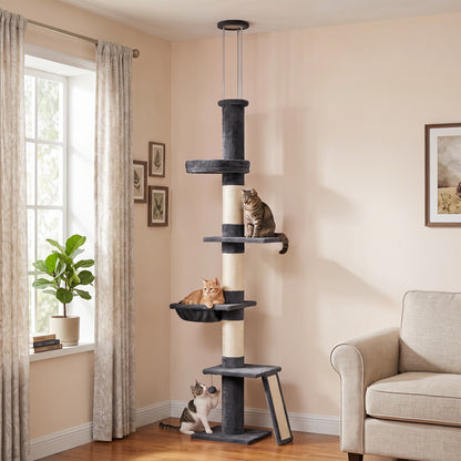PawHut Floor to Ceiling Cat Tree, 230-260 cm Adjustable 5-Level Cat Tower with 3 Top Tension Rods, Bed, Hammock, Dark Grey