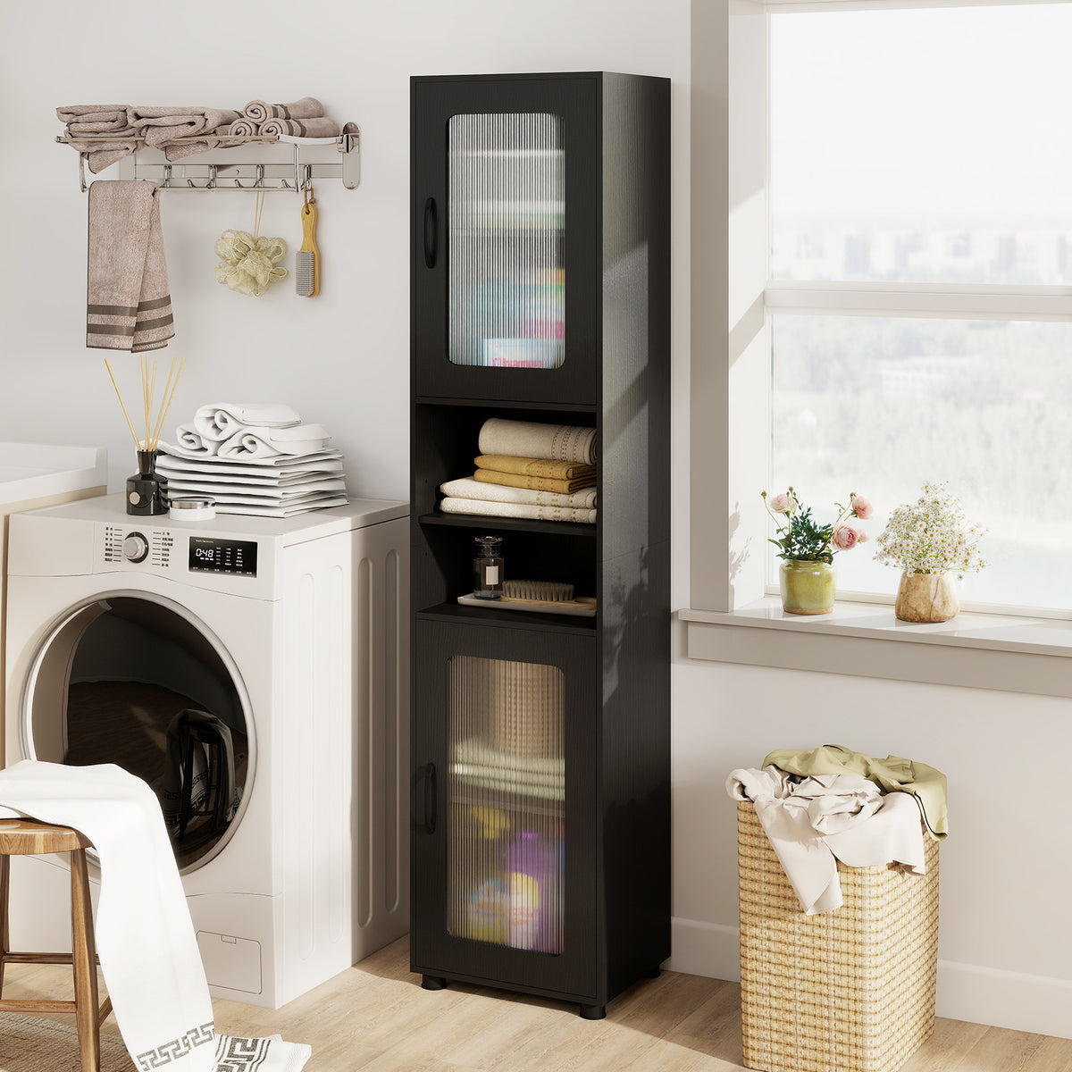 Tall Bathroom Storage Cabinet with Adjustable Shelf for Laundry-Black