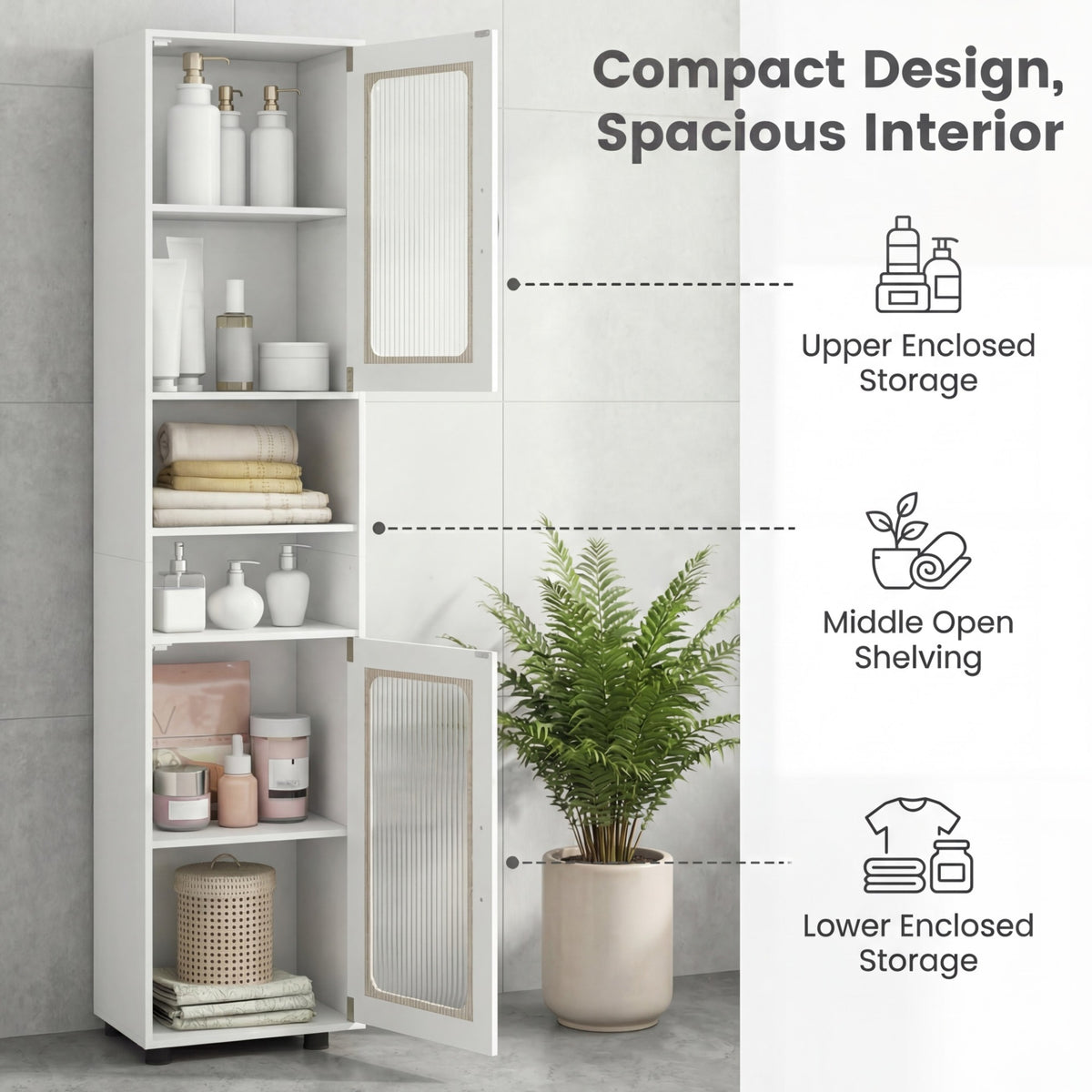 Tall Bathroom Storage Cabinet with Adjustable Shelf for Laundry-White