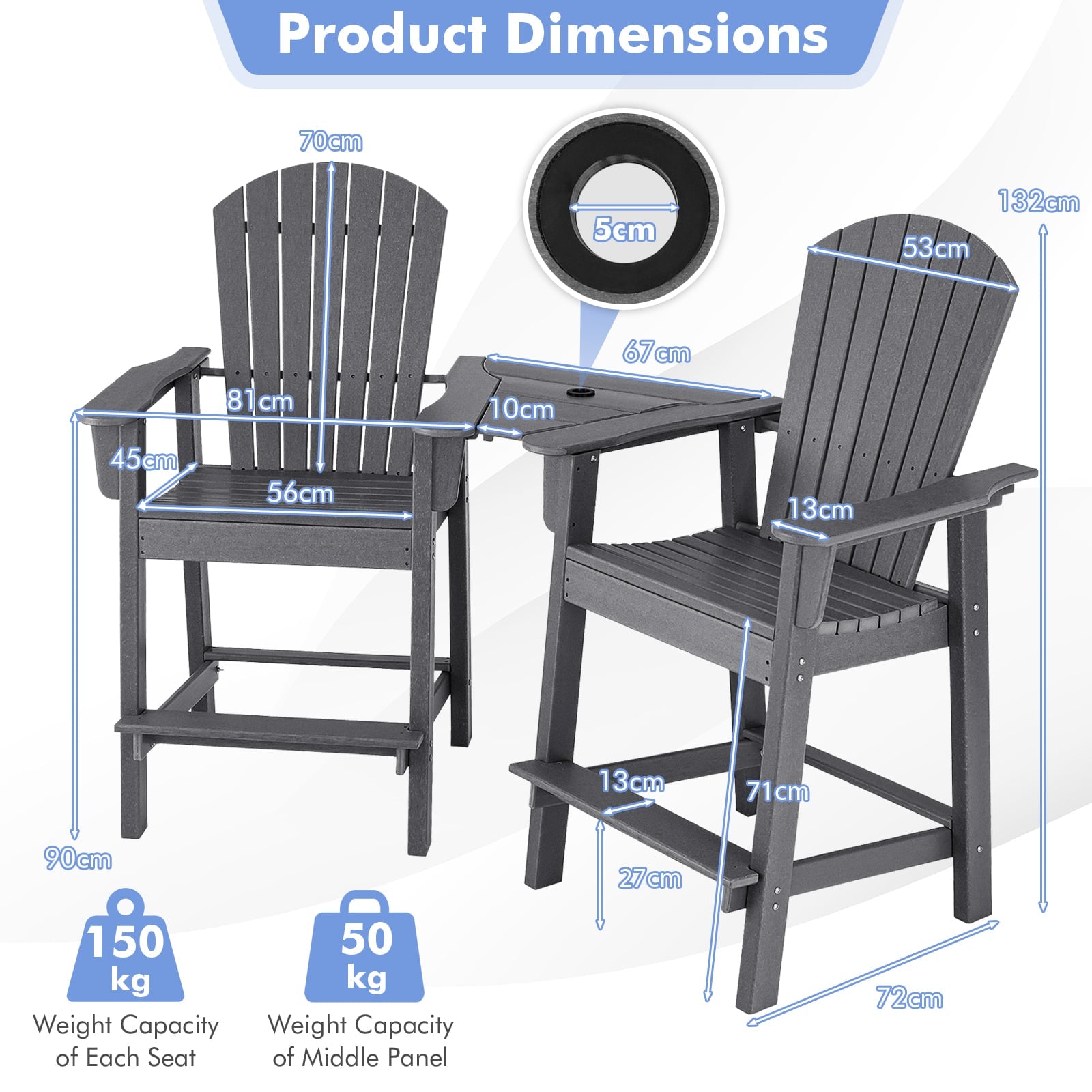 Tall Adirondack Chair Set of 2 with Middle Connecting Tray-Grey