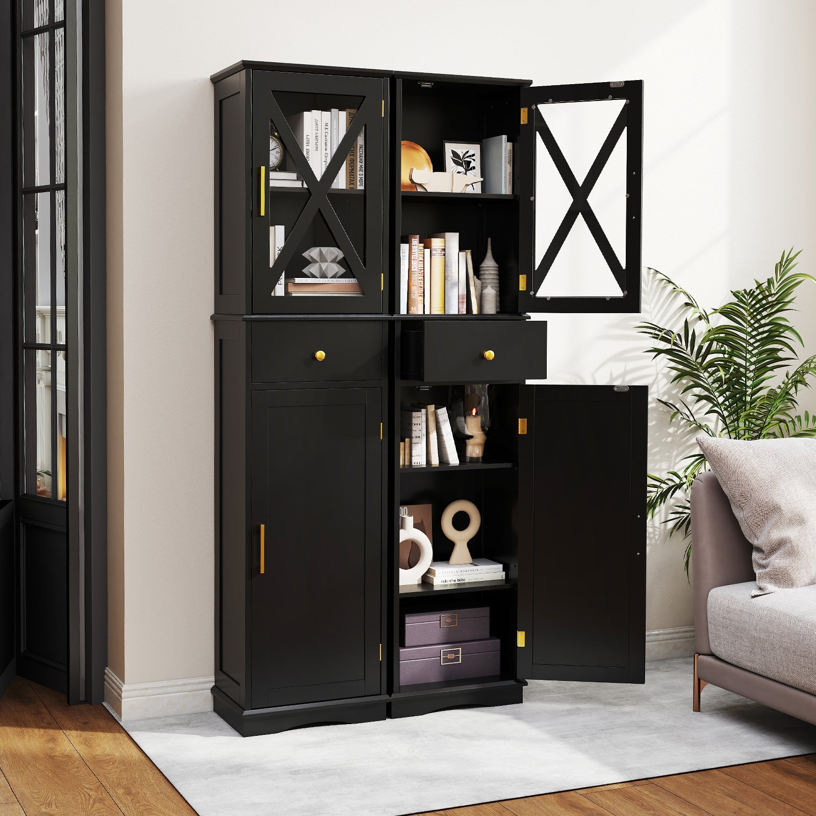 Tall Bathroom Cabinet with Drawer 2 Doors and 3 Adjustable Shelves-Black