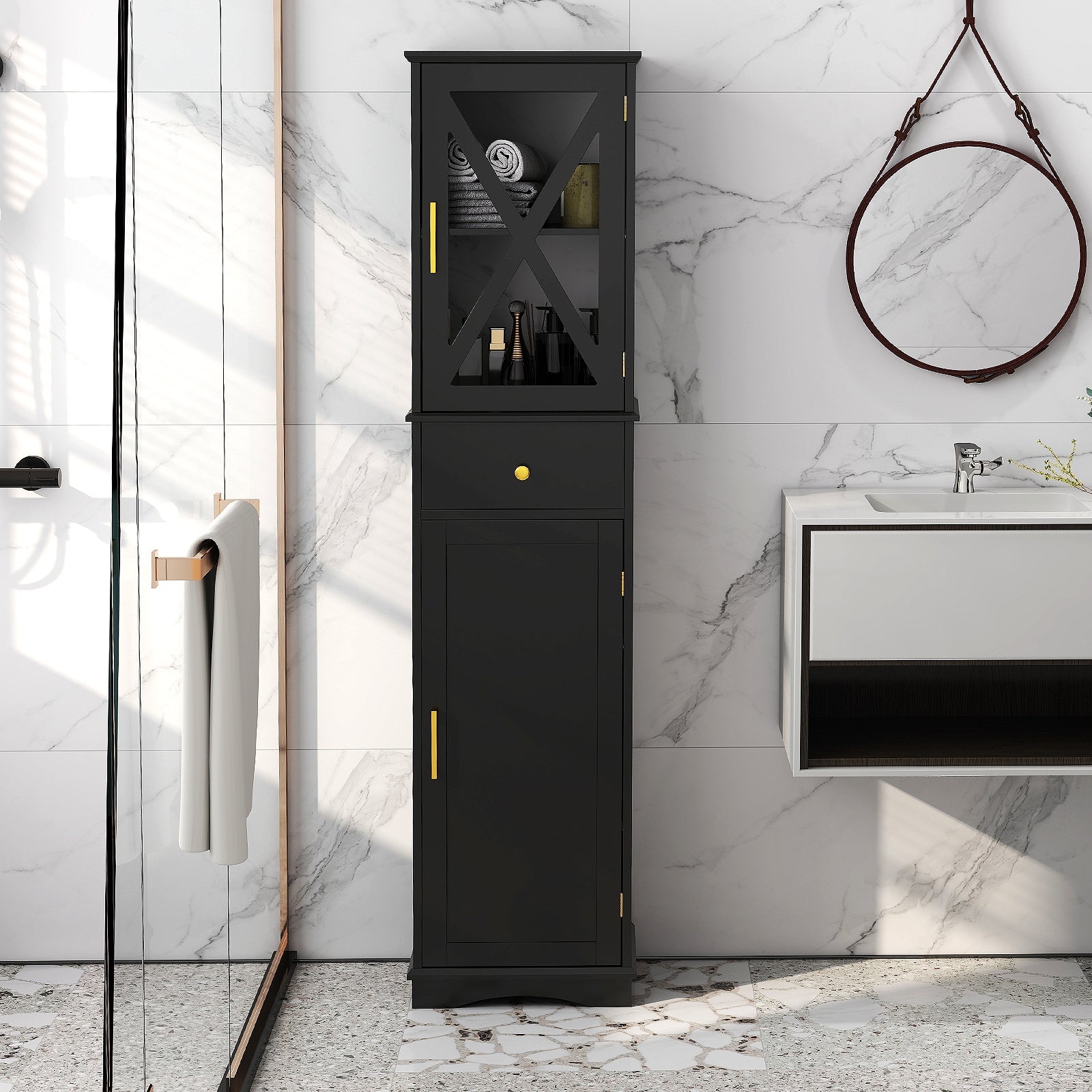 Tall Bathroom Cabinet with Drawer 2 Doors and 3 Adjustable Shelves-Black