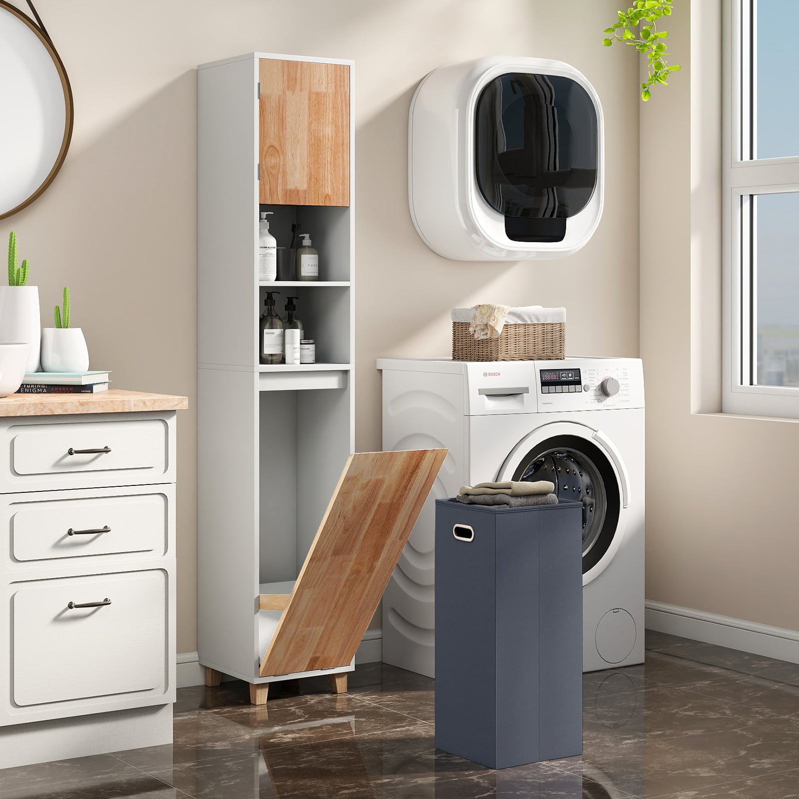 Tall Bathroom Storage Organizer Unit with Rubber Wood Doors-White