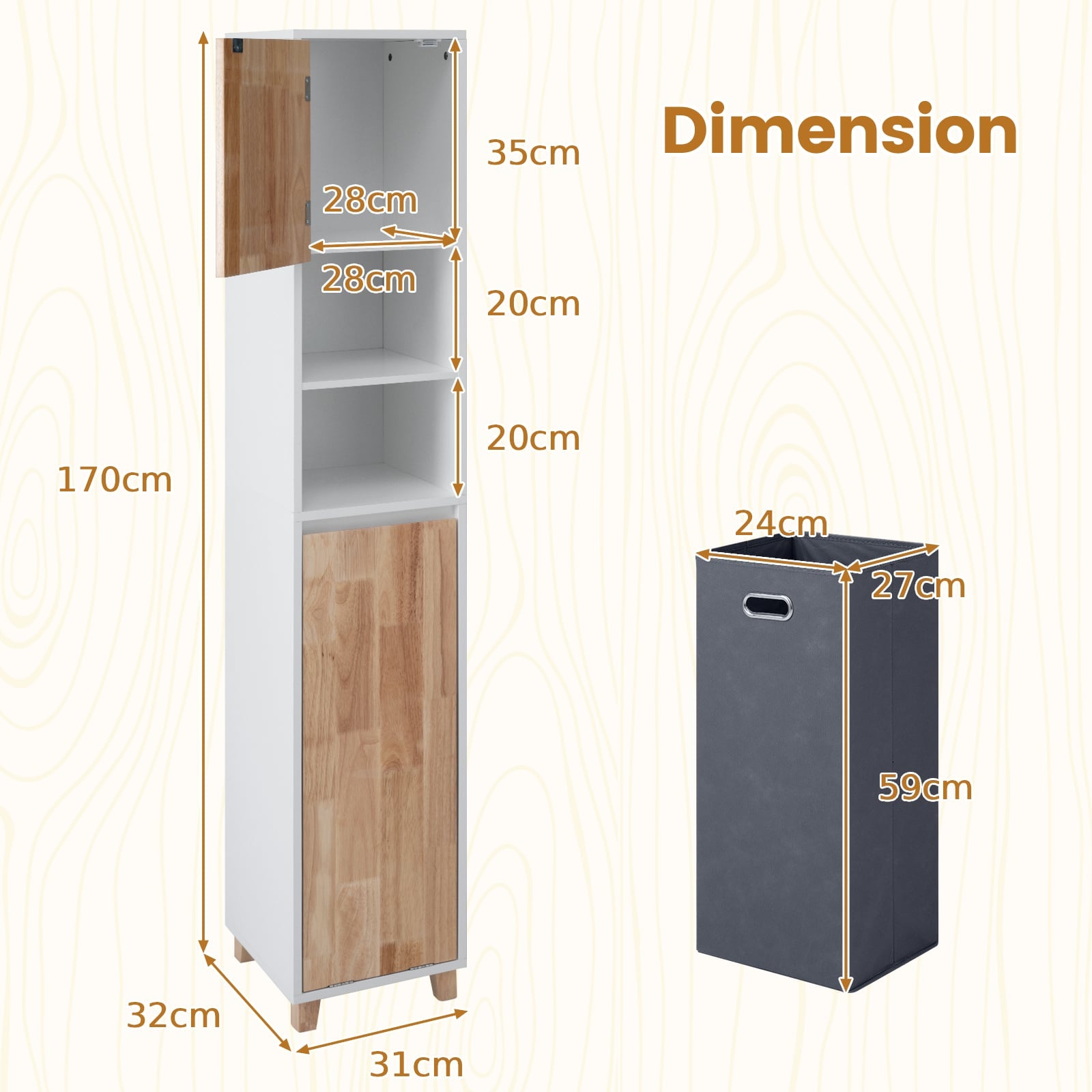Tall Bathroom Storage Organizer Unit with Rubber Wood Doors-White