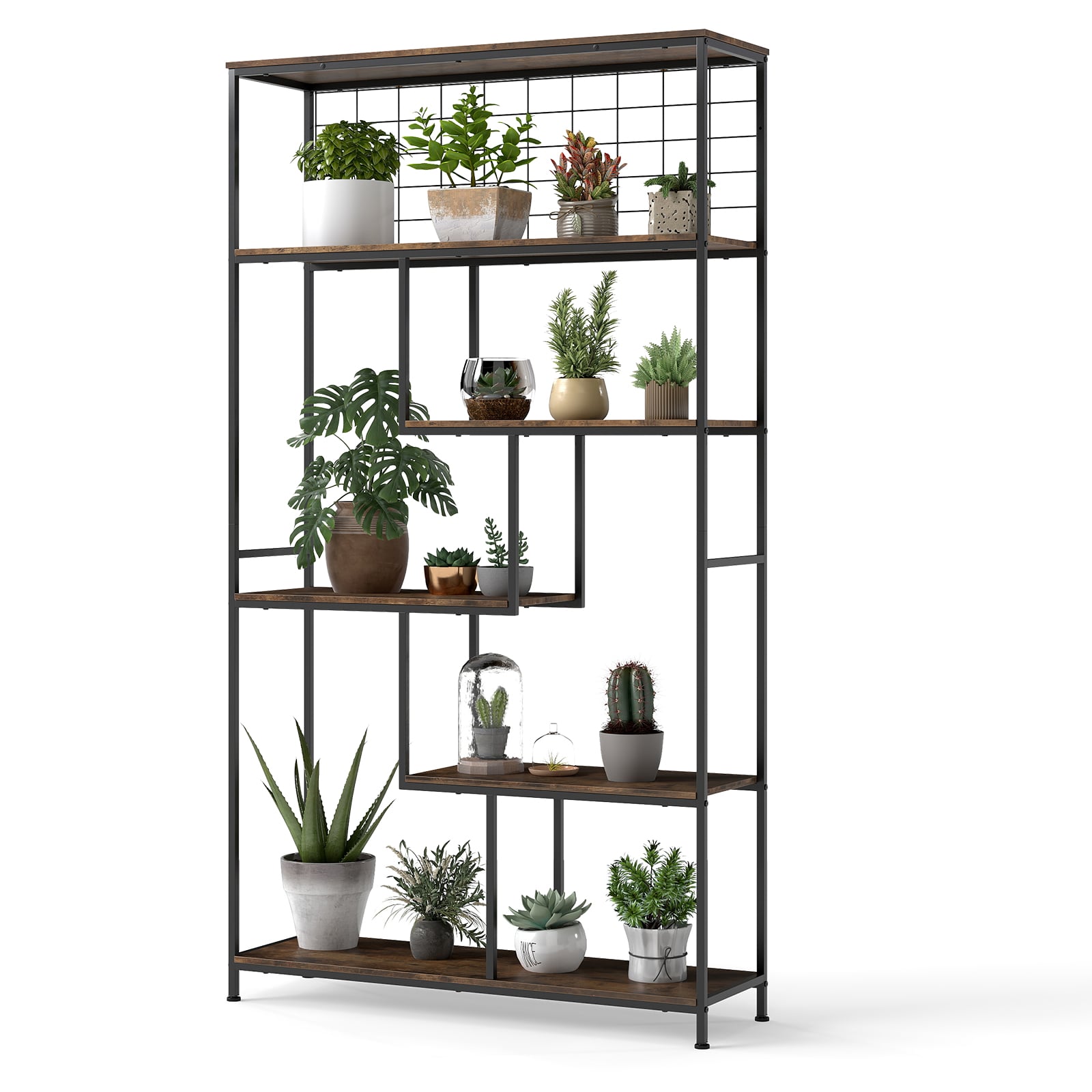6-tier Tall Bookshelf with Metal Net for Living Room-Rustic Brown