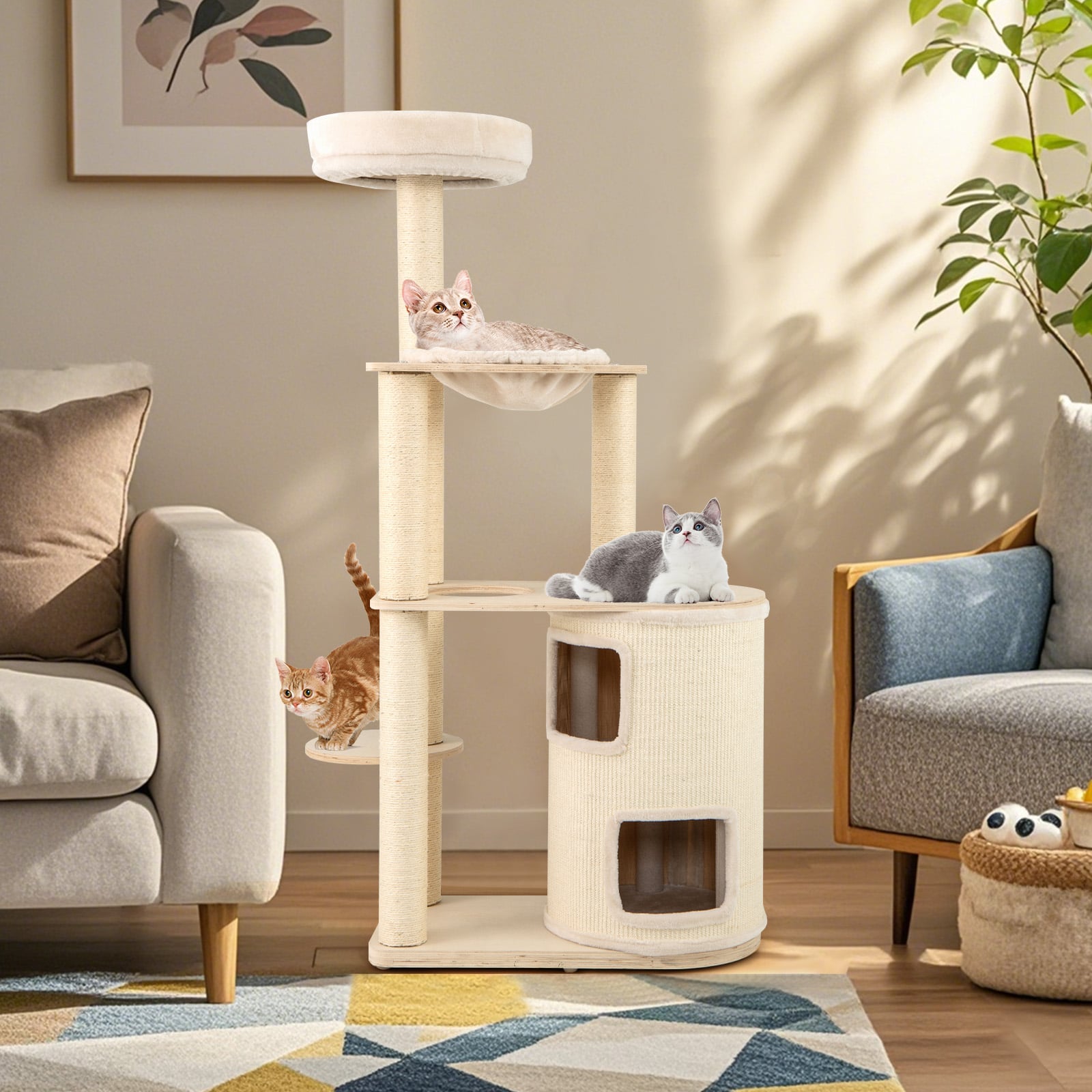 Tall Cat Tree for Indoor Cats Modern Wood Cat Tower with 2-Story Condo-Natural