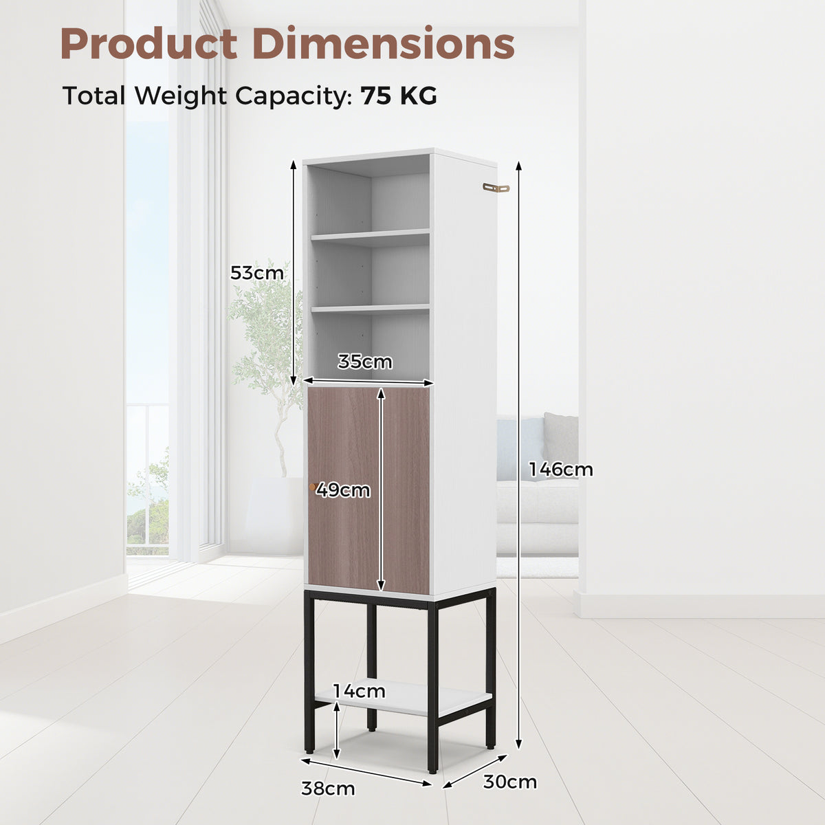 Tall Storage Cabinet with Adjustable Shelf and Bottom Storage-White