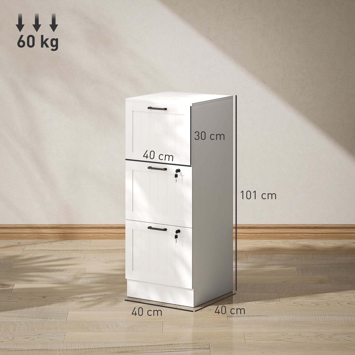 HOMCOM 3 Drawer Filing Cabinet with Lock, Office Storage Cabinet with Adjustable Hanging Bars for A4 Letter Size Files, White