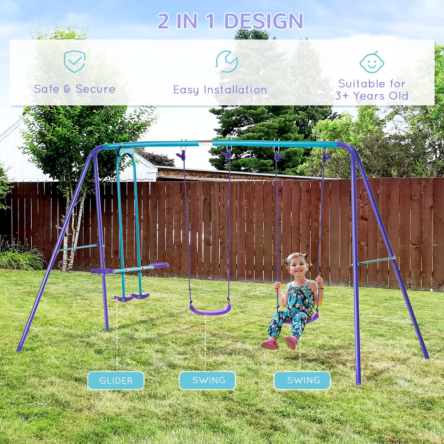 Outsunny Metal Swing Set, with Seesaw, Adjustable Height, for Ages 3+ Years, Purple