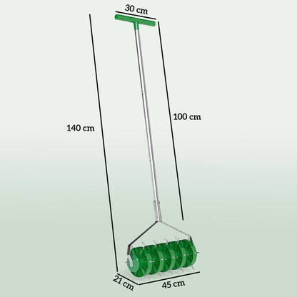 Outsunny Rolling Lawn Aerator, Manual Grass Spike Roller, Heavy Duty Garden Aerator with 3 Piece Detachable Handle and T-bar Grip, Outdoor Garden Lawn Tool, Dark Green