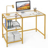 Tempered Glass Computer Desk Modern Office Desk with Open Storage Shelves-Gold