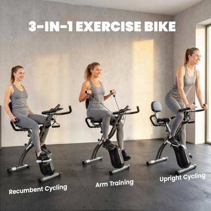 SPORTNOW 3-In-1 Folding Exercise Bike with Resistance Bands, Bluetooth App, 8-Level Magnetic Resistance, LCD Display, Black
