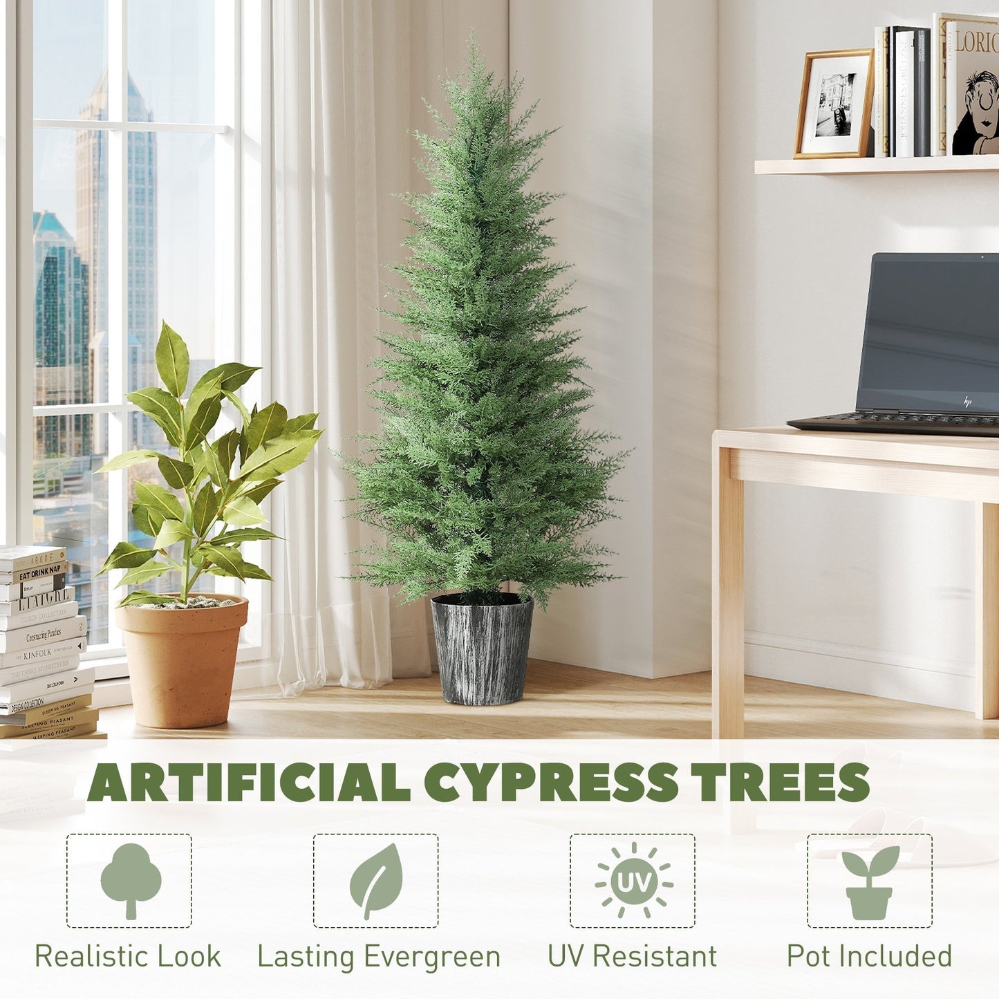 HOMCOM 135cm Artificial Cypress Trees Set of 2, UV Resistant Artificial Plants with Decorative Pot, Fake Plants for Indoor Outdoor Decor, Green