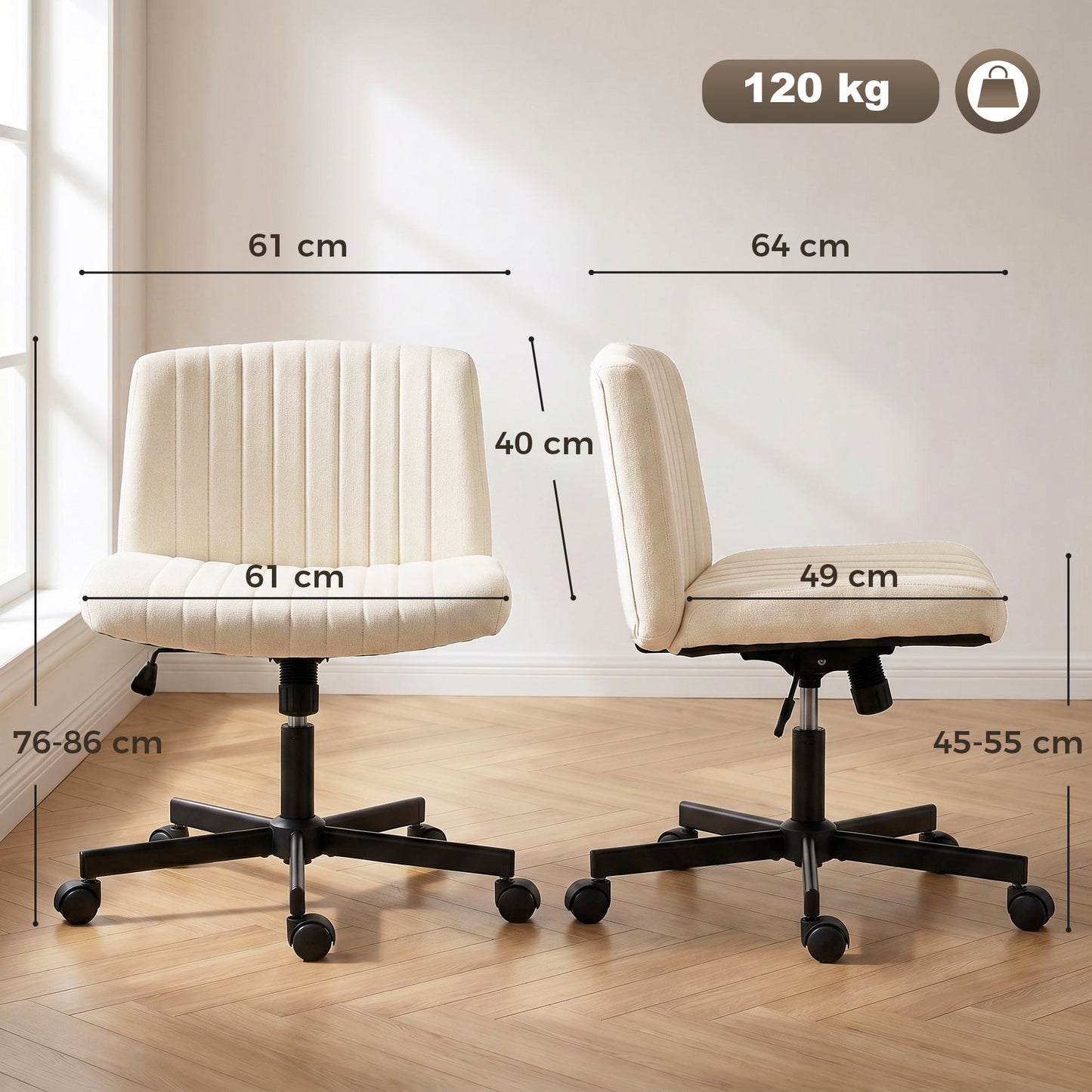 HOMCOM Imitation Linen Criss Cross Legged Desk Chair, Armless Office Chair with Wheels, Green