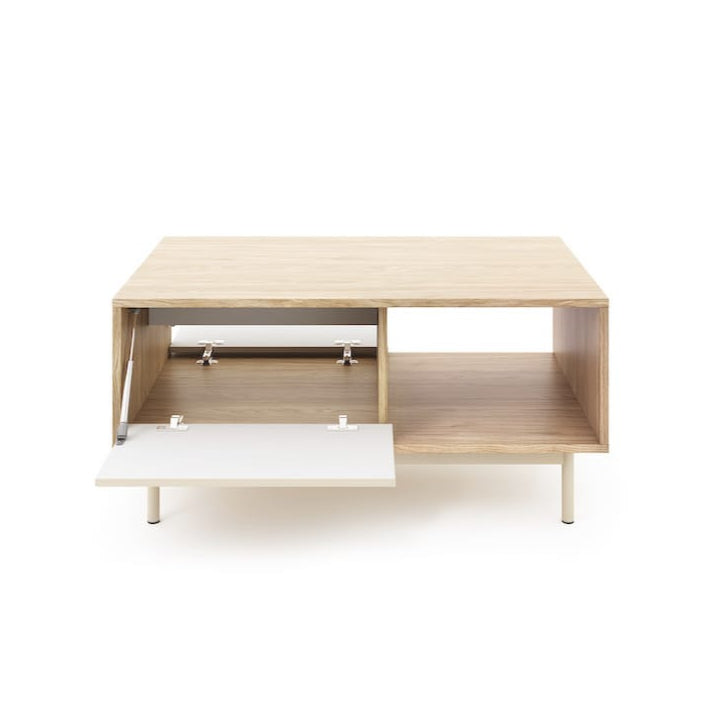 Wooden coffee table with a white shelf on a white background