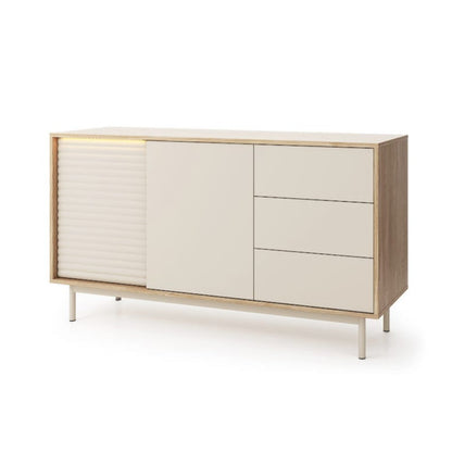 Modern sideboard with wooden frame and white doors on a white background