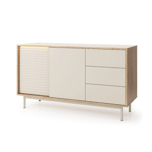 Modern sideboard with wooden frame and white doors on a white background
