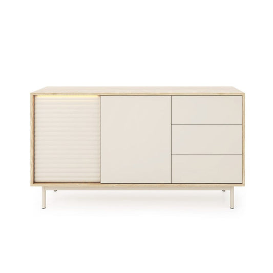 Modern sideboard with light wood finish and white doors on a white background