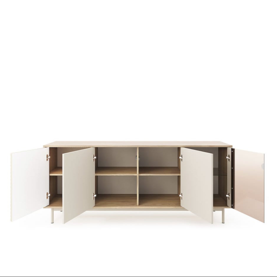 Wooden cabinet with open doors on a white background