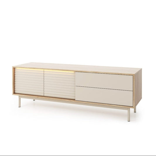 Modern sideboard with light wood finish and LED strip on a white background