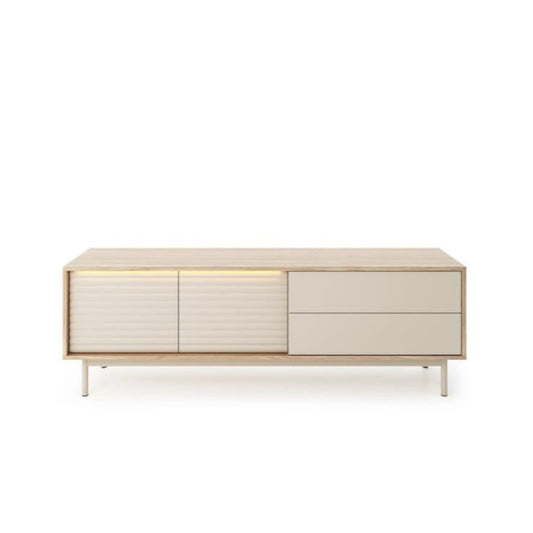Modern sideboard with light wood finish on a white background