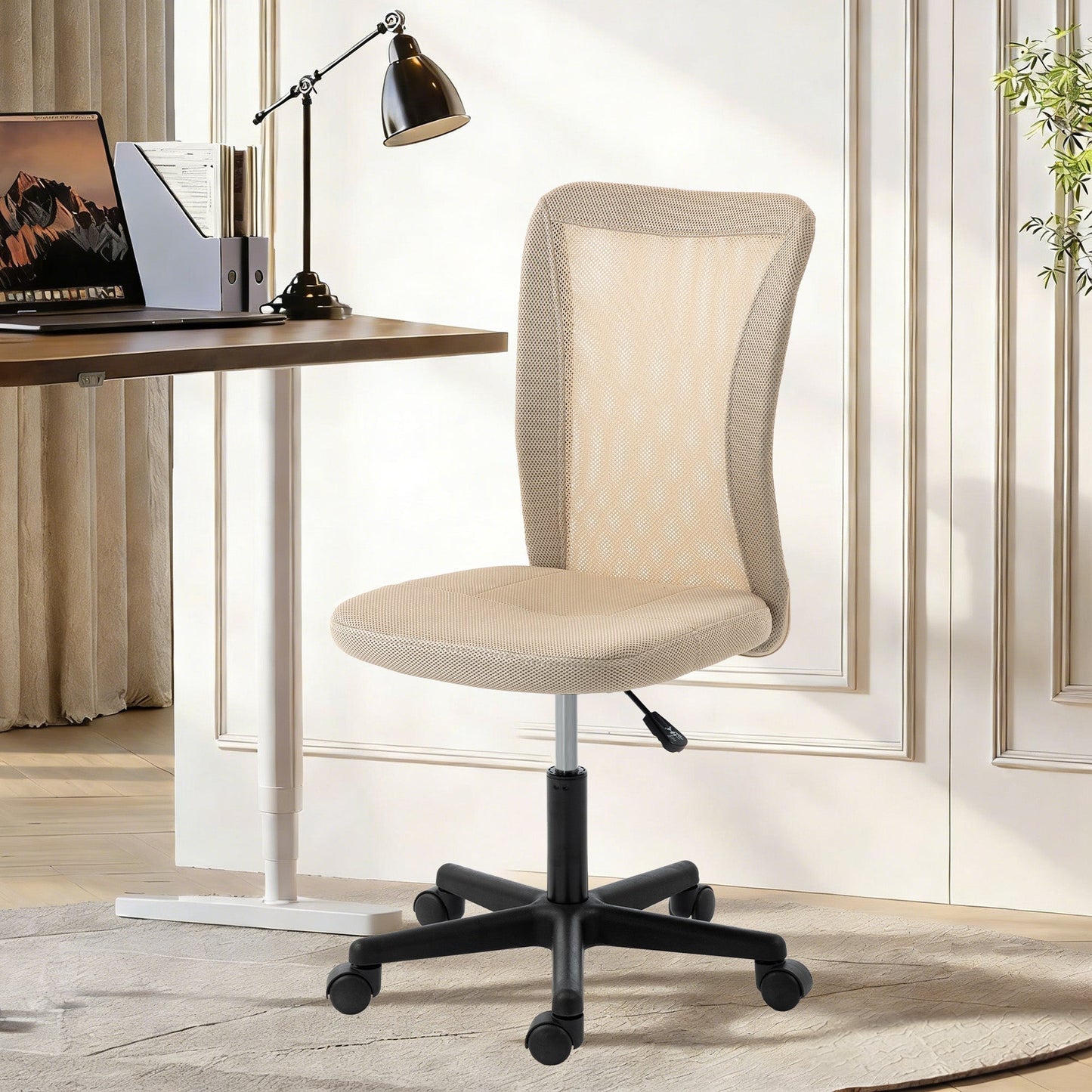 Vinsetto Computer Desk Chair, Mesh Office Chair with Adjustable Height and Swivel Wheels, Armless Study Chair, Beige