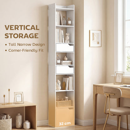 HOMCOM Bookcase Tall Narrow with 5 Tiers and Drawers Freestanding Bookshelf Storage Cabinet for Living Room White Wood Effect