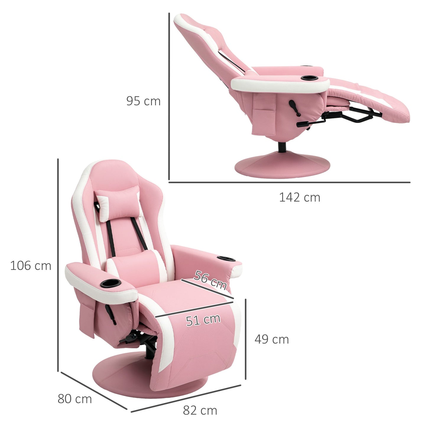 HOMCOM Manual Recliner Armchair PU Leather Lounge Chair w Adjustable Leg Rest, 135 degrees Reclining Function, 360 degrees Swivel, Pink