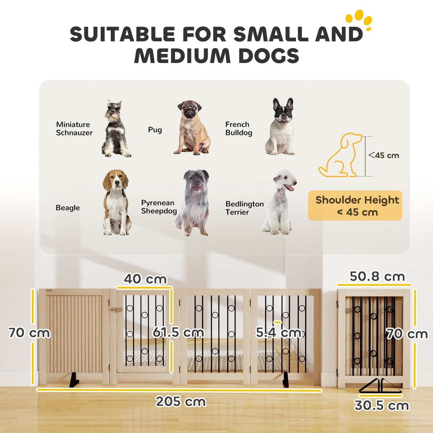 PawHut 4 Panel Freestanding Pet Gate, Indoor Dog Barrier with Lockable Door, Support Feet, 360 degrees Flexible Hinges, Oak