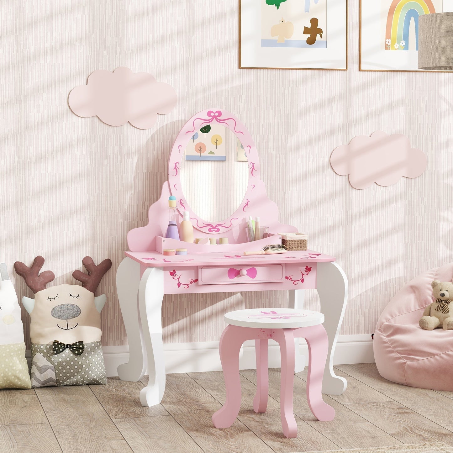 AIYAPLAY Kids Dressing Table Set, Vanity Table with Stool, Mirror, Drawer, Desktop, Storage, Ballet-Theme, Pink