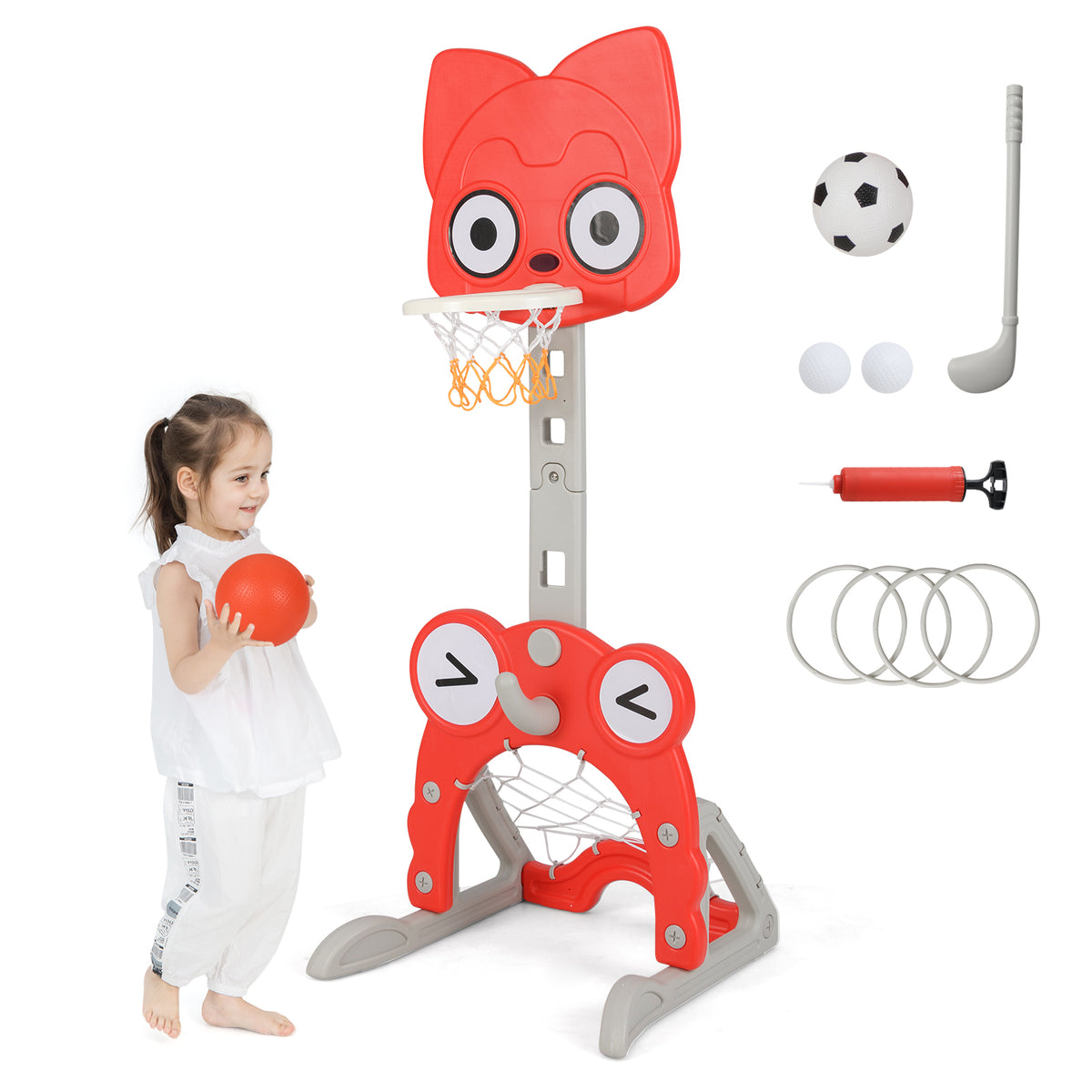 Toddler basketball hoop with rim and soccer goal with a child holding a basketball