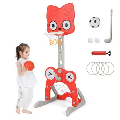 Toddler basketball hoop with rim and soccer goal with a child holding a basketball