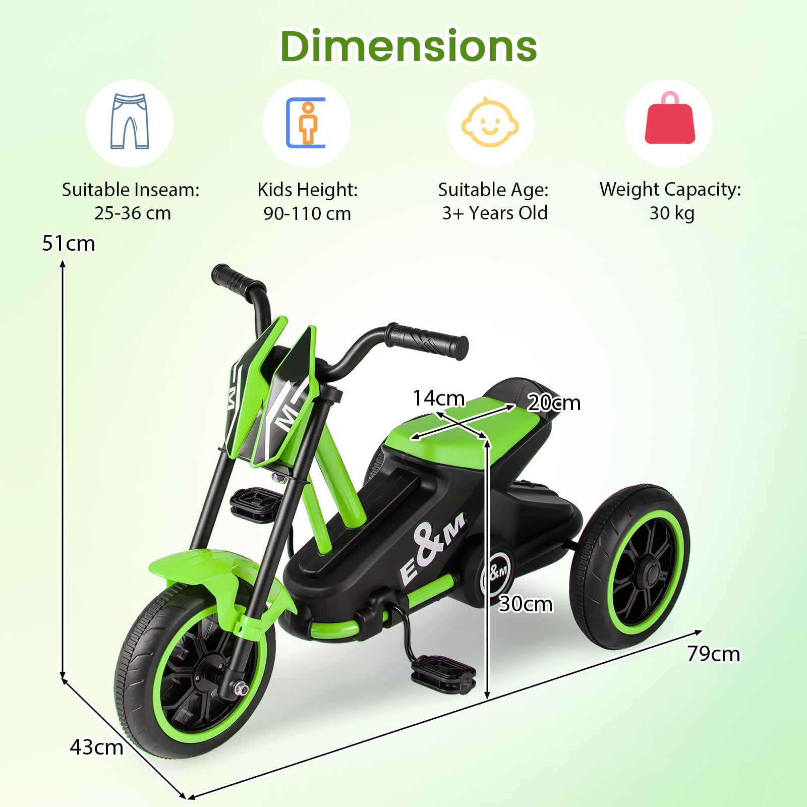 3-Wheel Toddler Bike with Foot Pedals and Steering Handlebars-Green