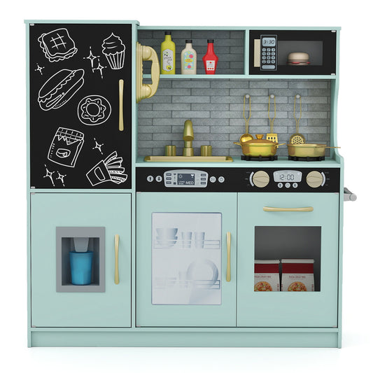 Toddler Pretend Kitchen Playset with Accessories and Simulated Sounds in green with chalkboard fridge and microwave