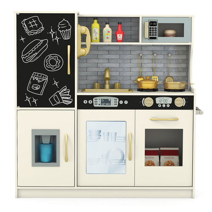 Toddler Pretend Kitchen Playset with Accessories and Simulated Sounds in beige with a blackboard fridge, microwave, sink and