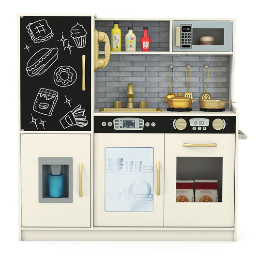 Toddler Pretend Kitchen Playset with Accessories and Simulated Sounds in beige with a blackboard fridge, microwave, sink and