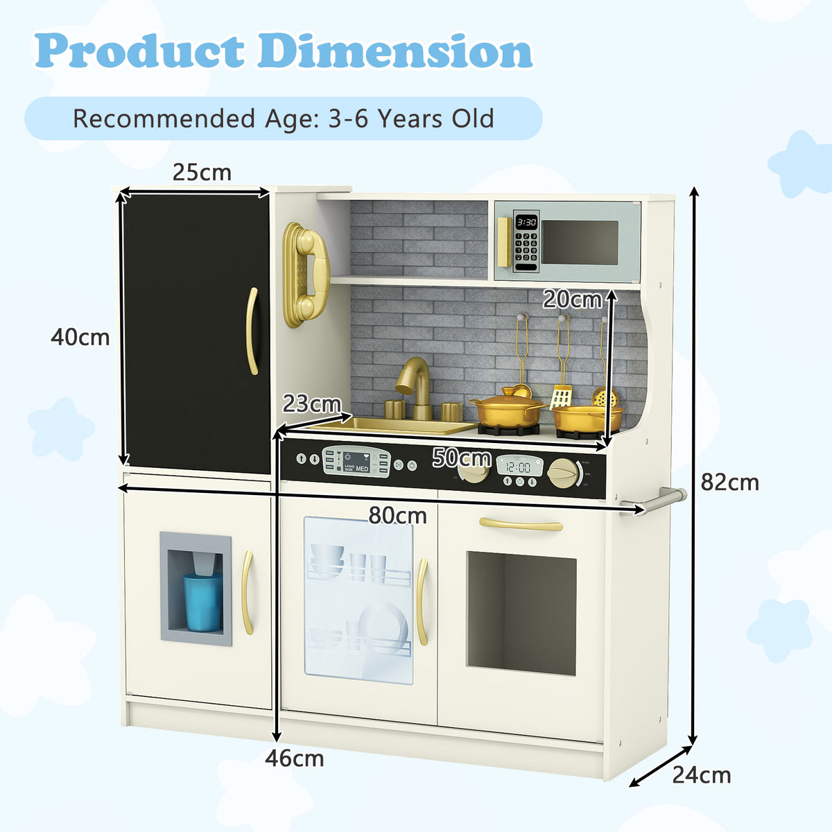 Dimensions of the beige play kitchen set showing height, width and depth