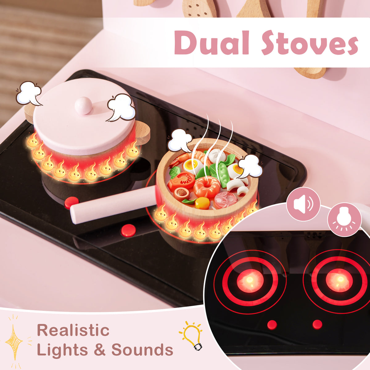 Close up of the stove top showing the light up burners and cooking pots with food